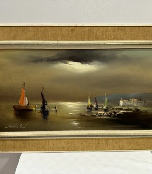 Ölgemälde mit Schiffen im Mondschein