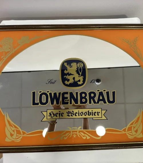 Löwenbräu Bier, Werbespiegel im braunen Echtholzrahmen "Hefe Weissbier"