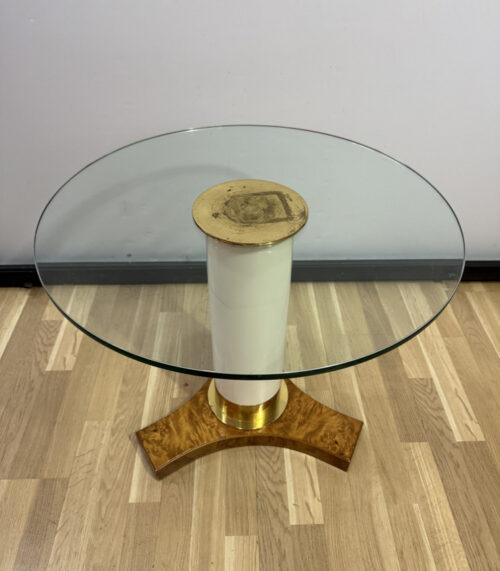 Vintage Beistelltisch mit Glasplatte, Wurzelholz und Messing, Höhe 55 cm