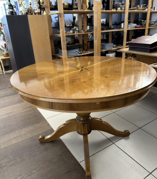 Antiker Louis-Philippe Esstisch – Runder Intarsientisch mit Stern-Dekor, ausziehbar