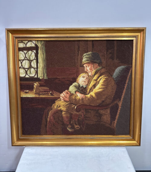Gerahmte Stickerei „Grossvater und Enkel“ 70 × 85 cm