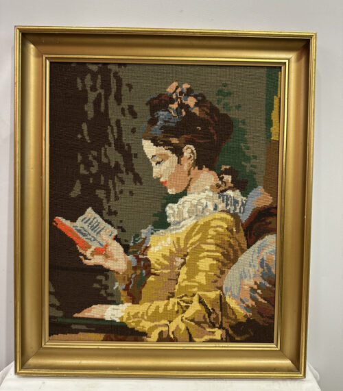 Gerahmte Stickerei nach Fragonard „La Liseuse“, 60 x 70 cm