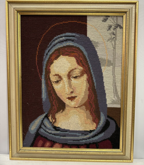 Handstickerei mit religiösem Motiv - Madonna mit Heiligenschein - 42 × 54 cm