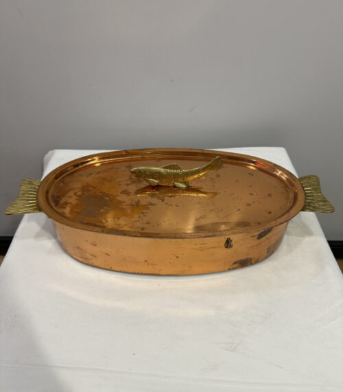 Vintage Stöckli Netstal Fischpfanne aus Kupfer – Mit Deckel & Einsatz, dekorativer Fischgriff