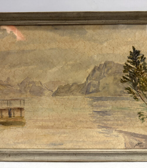 Frühes Aquarell von Anton Buob als er etwa 14 Jahre alt war – signiert und datiert 1949 – Seelandschaft 44 x 34 cm