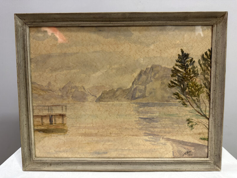 Frühes Aquarell von Anton Buob als er etwa 14 Jahre alt war – signiert und datiert 1949 – Seelandschaft 44 x 34 cm