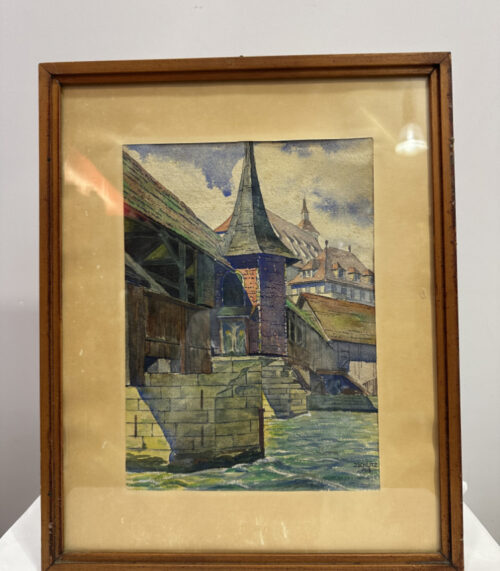 Original-Aquarell „Spreuerbrücke Luzern“ von J. Schütz 1918, 43 x 53 cm