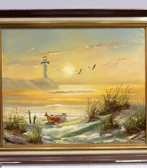 Maritimes Ölgemälde mit Boot, Sonnenuntergang & Leuchtturm - signiert „Manao“ - 52 x 64 cm