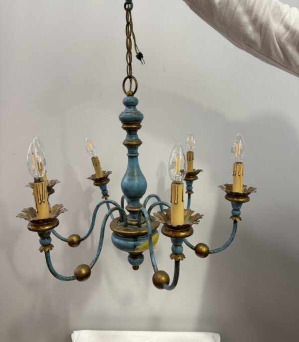 Vintage-Lüster in Himmelblau und Gold – 6-flammige Hängeleuchte