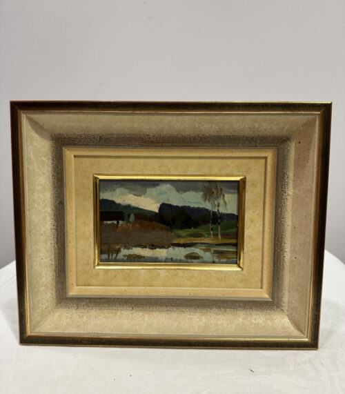 Kleines Ölgemälde mit Landschaft & Teich – gerahmtes Unikat von 1939