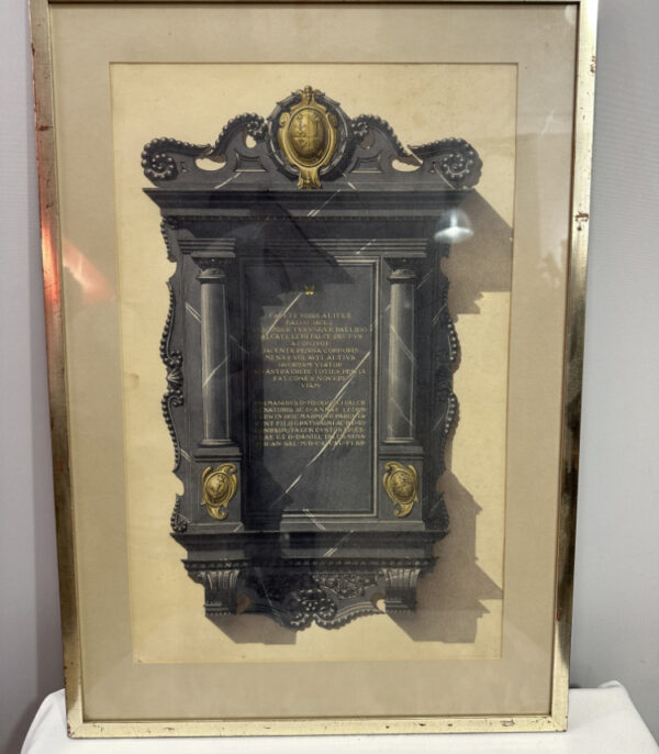 Barocker Memorialdruck mit lateinischer Inschrift – gerahmte Andachtstafel für Theodorici Falck, 45 x 64cm