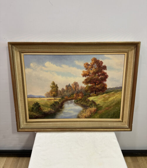 Herbstliche Flusslandschaft von J. Grob – signiertes Ölbild im Goldrahmen 61 x 81 cm