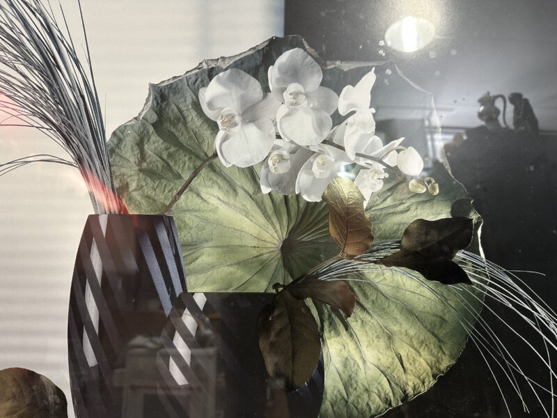 Signierter Kunstdruck von Evert van Kuik – florales Stillleben mit Orchideen und Blättern im Goldrahmen, 95 x 65cm - Image 2