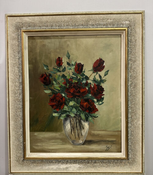 Ölgemälde mit Rosenstrauss in Glasvase – signiert, mit strukturiertem Pinselauftrag, 58 x 69 x 3cm
