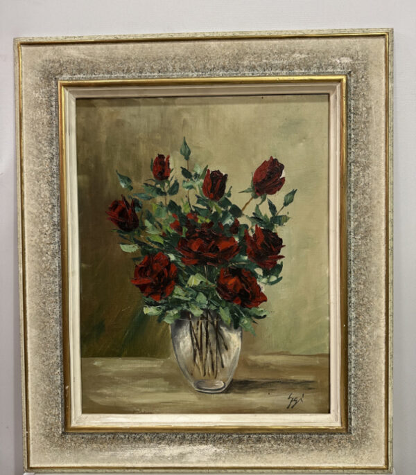 Ölgemälde mit Rosenstrauss in Glasvase – signiert, mit strukturiertem Pinselauftrag, 58 x 69 x 3cm