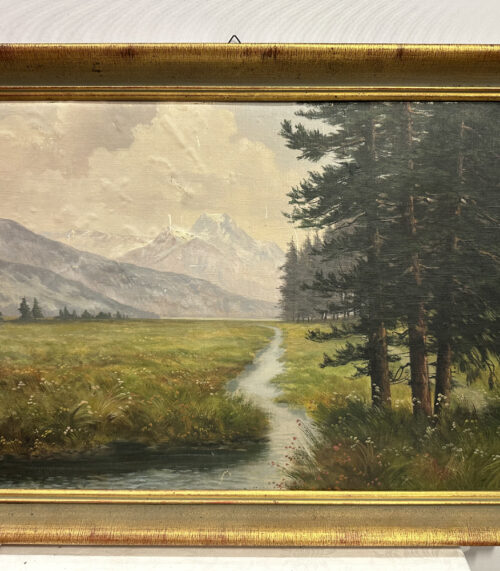 Ölgemälde „Partie im Engadin“ – Silsersee mit Piz Margan und Güż im Goldrahmen 80 x 60 cm