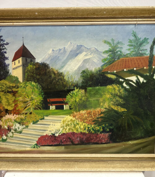 Ölgemälde mit Alpenblick und Schlossturm – Öl auf Leinwand