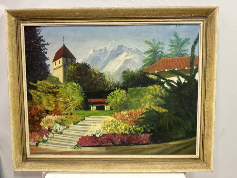 Ölgemälde mit Alpenblick und Schlossturm – Öl auf Leinwand
