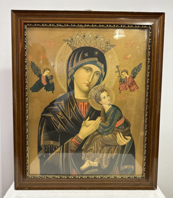 Byzantinische Ikone der Muttergottes mit Kind – griechisch-russisch-orthodox inspiriert – Farbintensiver Druck mit Goldprägung 44 x 55 cm