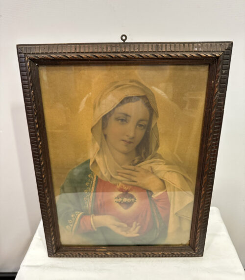 Madonnenbild mit Heiligem Herzen – gerahmter Kunstdruck im geschnitzten Holzrahmen, 52 x 67cm