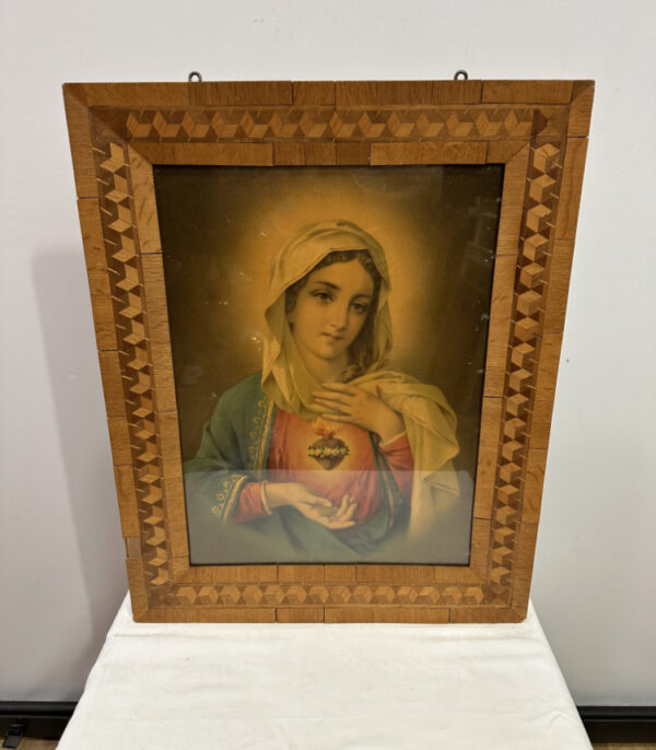 Madonnenbild mit Heiligem Herzen – kolorierter Kunstdruck im Intarsienrahmen, 52 x 67cm