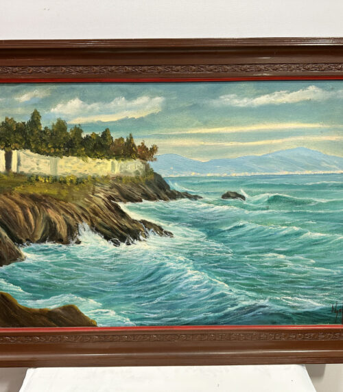 Ölgemälde mit Mittelmeer-Küste – kraftvolles Seestück in braunem Reliefrahmen, signiert 93 x 67 cm