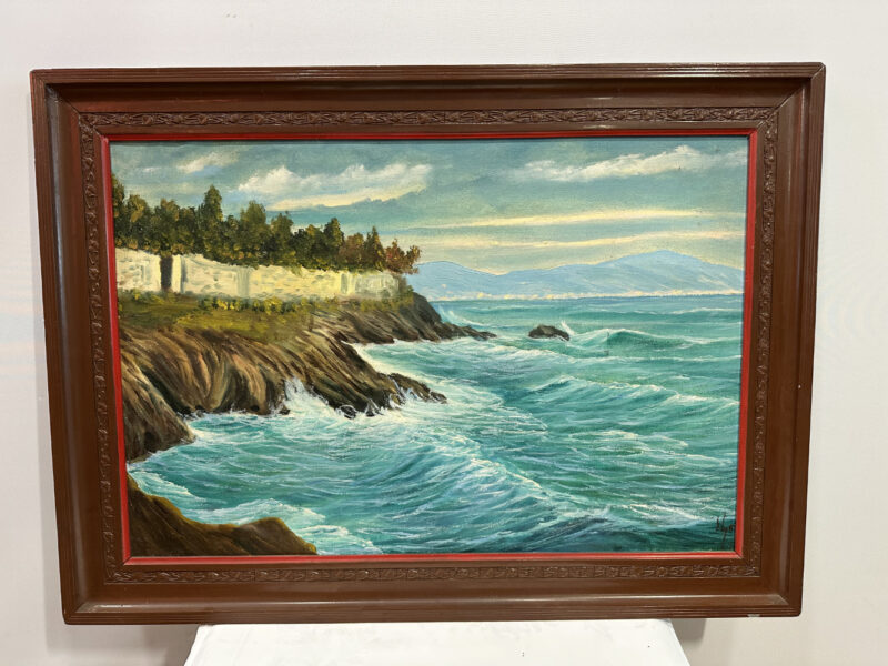 Ölgemälde mit Mittelmeer-Küste – kraftvolles Seestück in braunem Reliefrahmen, signiert 93 x 67 cm