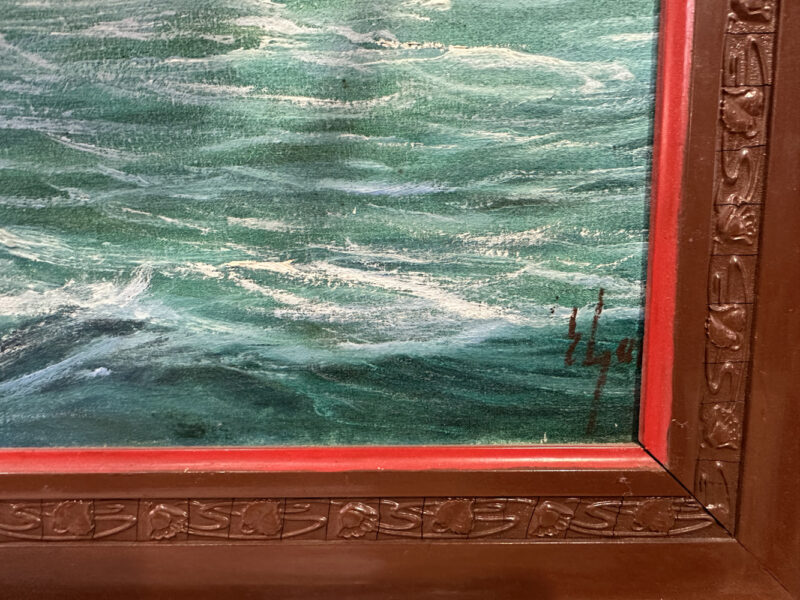 Ölgemälde mit Mittelmeer-Küste – kraftvolles Seestück in braunem Reliefrahmen, signiert 93 x 67 cm - Image 5