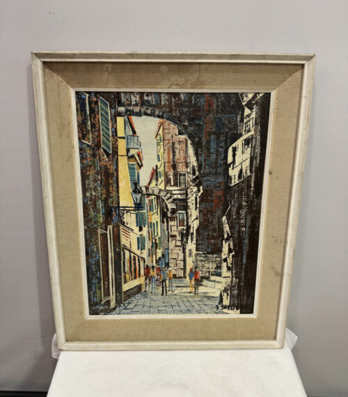 Farbenfrohe Gassen-Szene auf Leinwand – signiertes Gemälde mit mediterraner Stimmung im Holzrahmen, 55 x 67 cm 