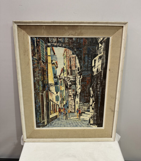 Farbenfrohe Gassen-Szene auf Leinwand – signiertes Gemälde mit mediterraner Stimmung im Holzrahmen, 55 x 67 cm 