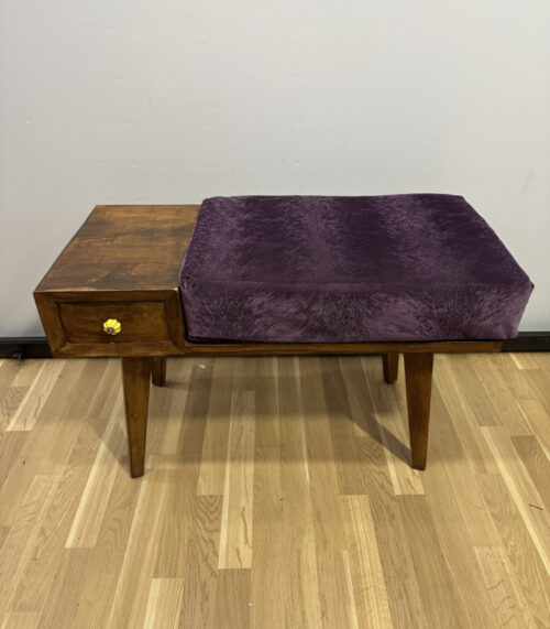Telefonbänkli im Mid Century Stil aus Holz mit Schublade und violettem Polster