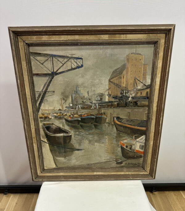 Ölgemälde „Hafen mit Frachtschiffen“ – signiert H. Henger 1951