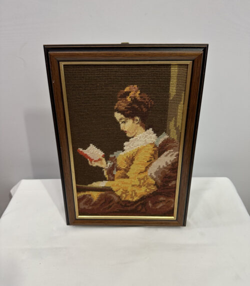 Gobelin Stickbild Die Leserin, „La Liseuse“ nach Fragonard im Holzrahmen 25 x 38 cm