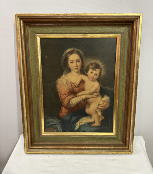 Madonna mit Kind - gerahmte Andachtsdarstellung in Gold-Grün-Fassung