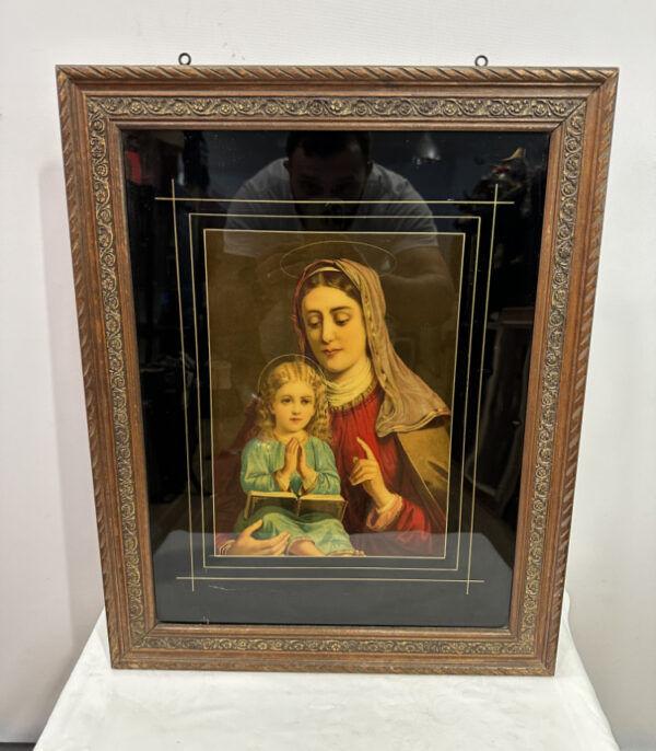 Farbdruck Madonna mit Kind hinter Glas gerahmt mit goldener Linienführung