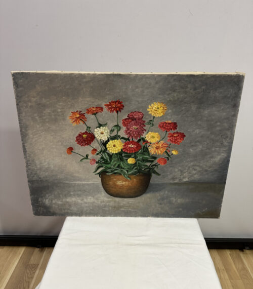 Stillleben mit Sommerblumenstrauss in Topf, signiert von F. Walz