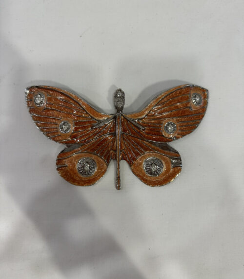 Vintage Gürtelschnalle in Schmetterlingsform – Orange emailliert mit Strassakzenten