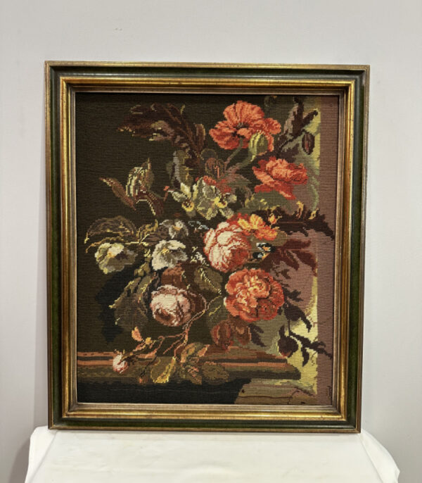 Vintage Gobelin Blumenbild im Holzrahmen 58 x 67 cm