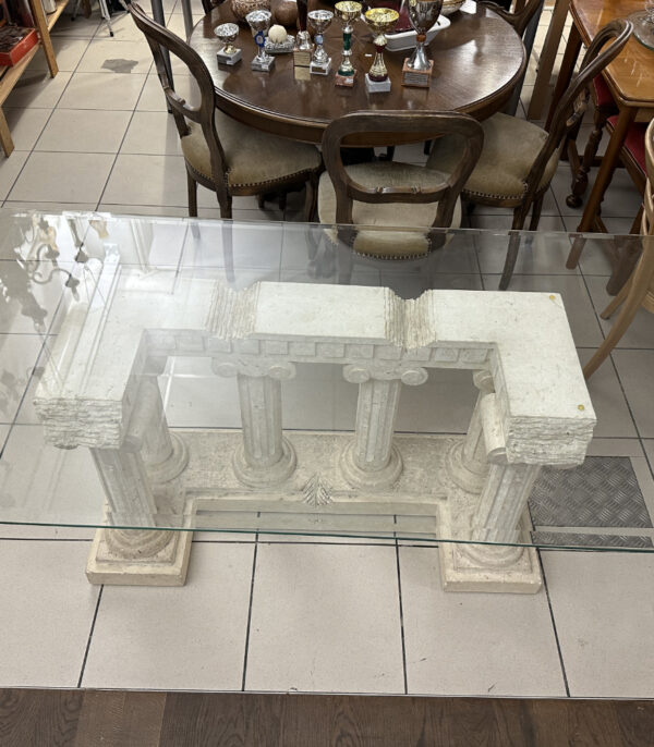 Monumentaler Esstisch im griechischen Antikstil – Glasplatte auf Säulenbasis 180 x 90 cm