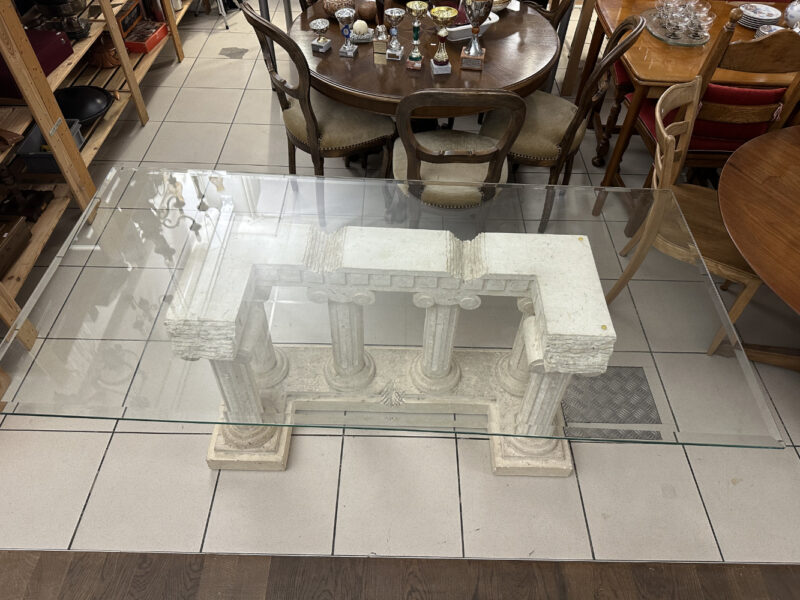 Monumentaler Esstisch im griechischen Antikstil – Glasplatte auf Säulenbasis 180 x 90 cm