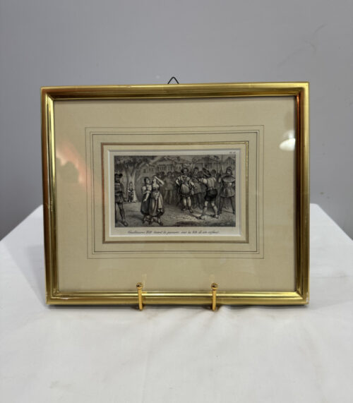 Antike Lithografie Wilhelm Tell „Guillaume Tell tireant la pomme sur la tête de son enfant“ – Originalabzug im Goldrahmen