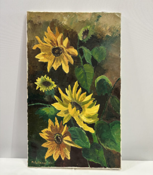Signiertes Ölbild mit Sonnenblumenmotiv von M. Fellmann 1969 auf Leinwand