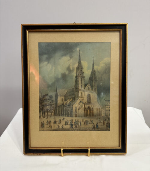 Kolorierte Original Lithographie um 1840 – Basler Münster mit belebter Platzszene