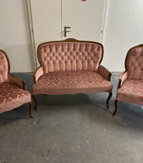Barock Sitzgruppe mit Rosé-Stoff - 3-teilig