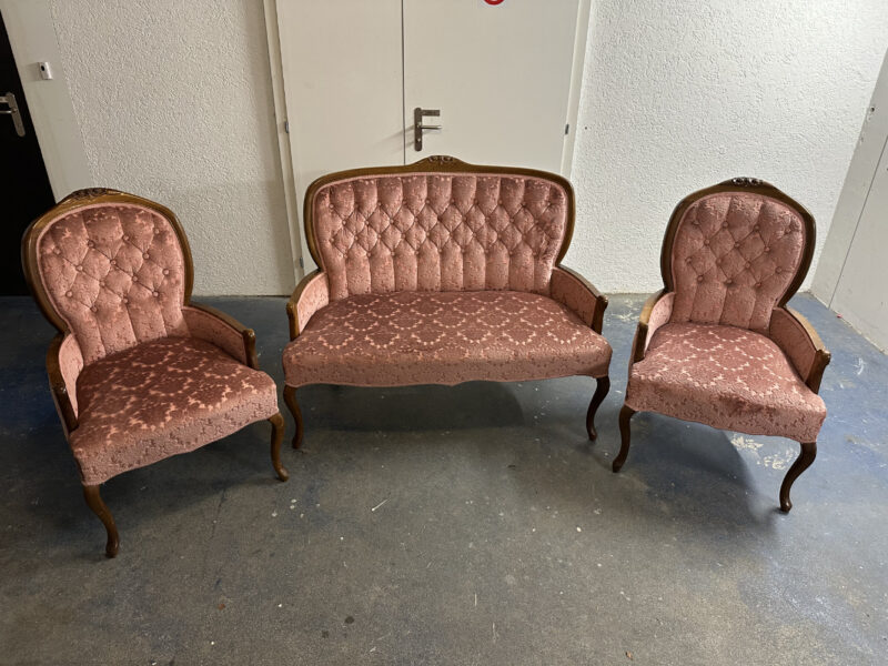 Barock Sitzgruppe mit Rosé-Stoff - 3-teilig