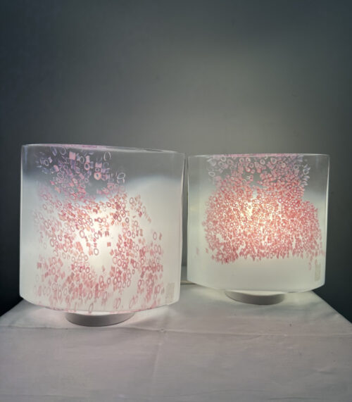2er-Set Design Tischlampen von Rosanna Toso für LECO – Modell "Idra", Muranoglas mit rosa Murrine-Dekor