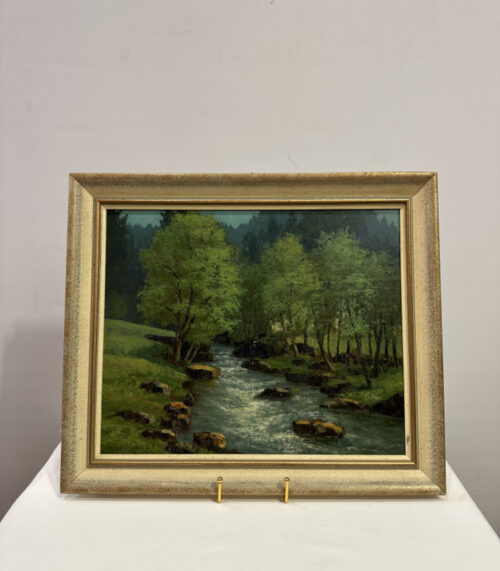 Ölgemälde Flusslandschaft mit Bäumen und Steinen von H. Schürmann 1967, 46 x 40 cm