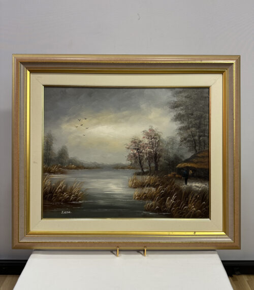 Ölgemälde von J. Kok – Flusslandschaft mit Strohhütte und Vogelzug im Holzrahmen, 68 x 58 cm