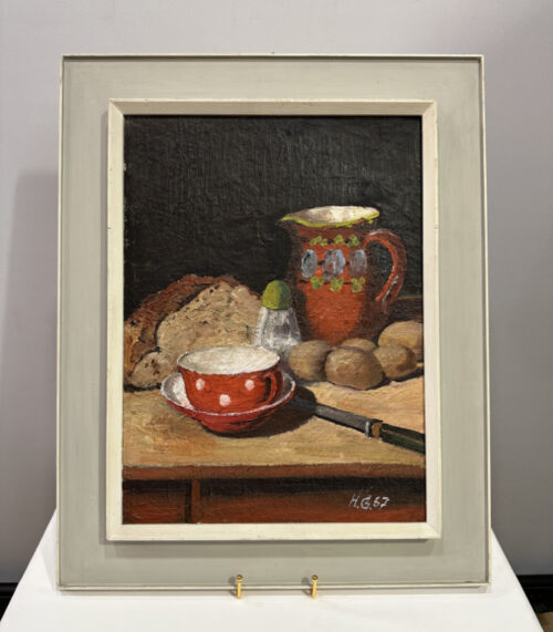 Vintage Stillleben Gemälde von H. G. aus dem Jahr 1957, 47 x 59 cm