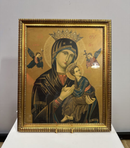 Ikone Muttergottes mit Jesuskind und Engeln im Goldrahmen 48 x 58 cm